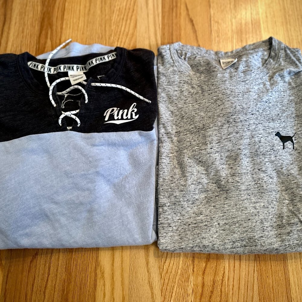 TWO- "Varsity"-style PINK by Victoria Secret Long Sleeve Tops- Size L